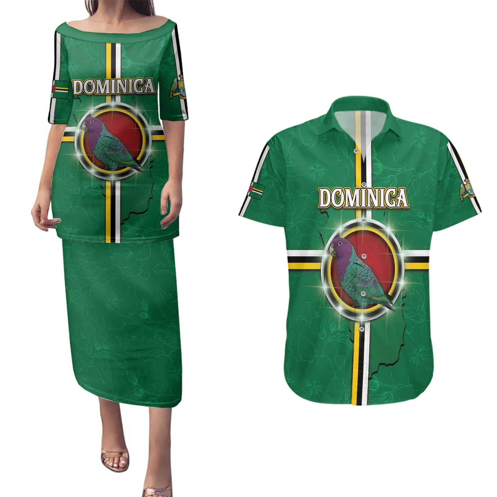 Personalized Dominica Couples Matching Puletasi and Hawaiian Shirt Sisserou Parrot With Hibiscus Patterns - Wonder Print Shop