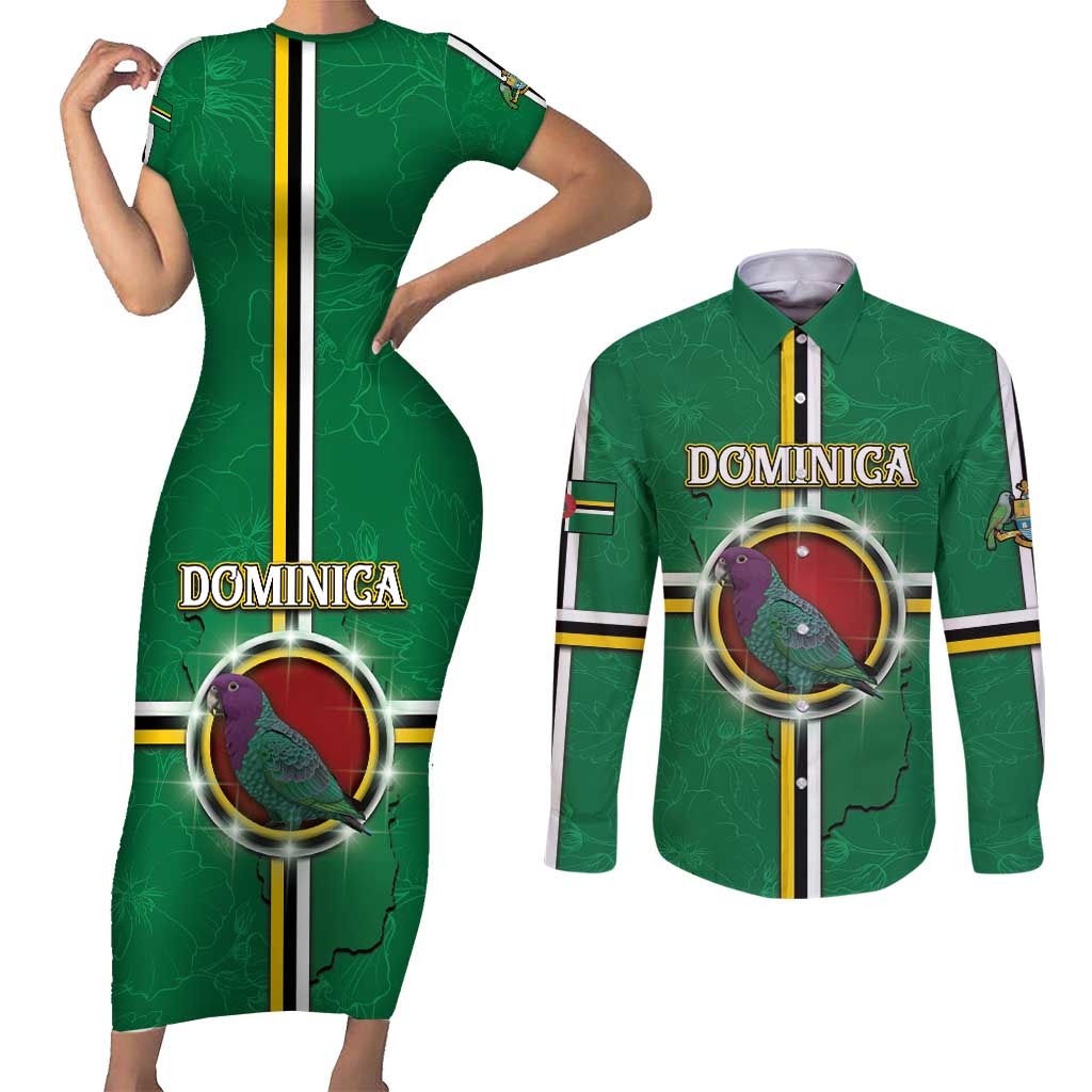 Personalized Dominica Couples Matching Short Sleeve Bodycon Dress and Long Sleeve Button Shirt Sisserou Parrot With Hibiscus Patterns - Wonder Print Shop