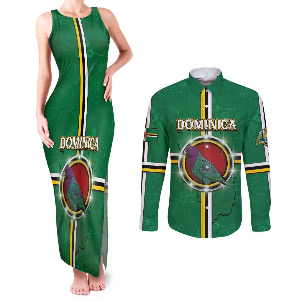 Personalized Dominica Couples Matching Tank Maxi Dress and Long Sleeve Button Shirt Sisserou Parrot With Hibiscus Patterns - Wonder Print Shop