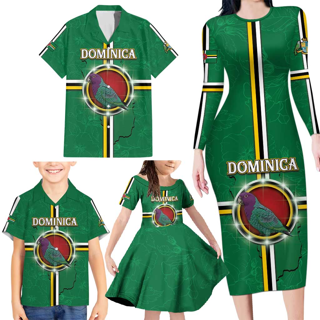 Personalized Dominica Family Matching Long Sleeve Bodycon Dress and Hawaiian Shirt Sisserou Parrot With Hibiscus Patterns - Wonder Print Shop