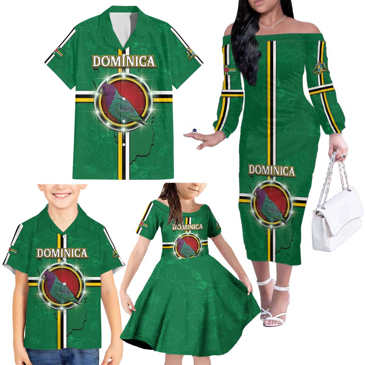 Personalized Dominica Family Matching Off The Shoulder Long Sleeve Dress and Hawaiian Shirt Sisserou Parrot With Hibiscus Patterns - Wonder Print Shop