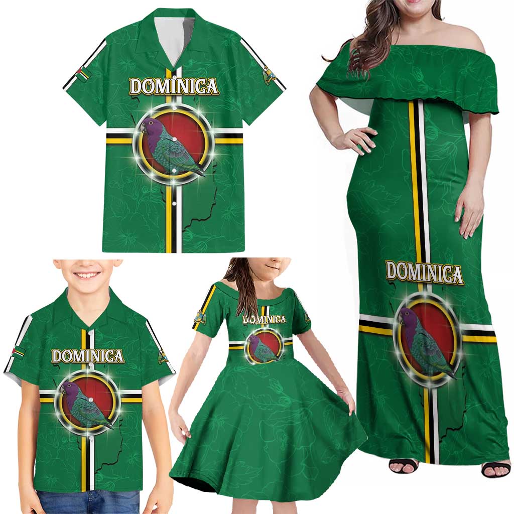 Personalized Dominica Family Matching Off Shoulder Maxi Dress and Hawaiian Shirt Sisserou Parrot With Hibiscus Patterns - Wonder Print Shop