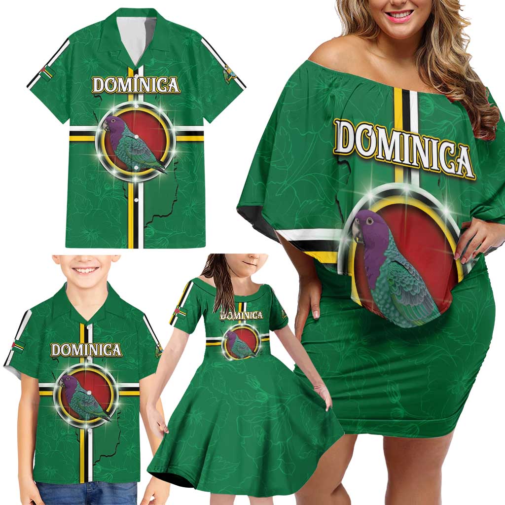 Personalized Dominica Family Matching Off Shoulder Short Dress and Hawaiian Shirt Sisserou Parrot With Hibiscus Patterns - Wonder Print Shop
