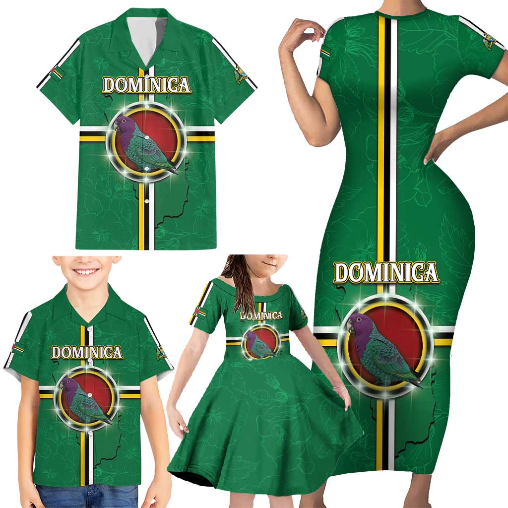 Personalized Dominica Family Matching Short Sleeve Bodycon Dress and Hawaiian Shirt Sisserou Parrot With Hibiscus Patterns - Wonder Print Shop