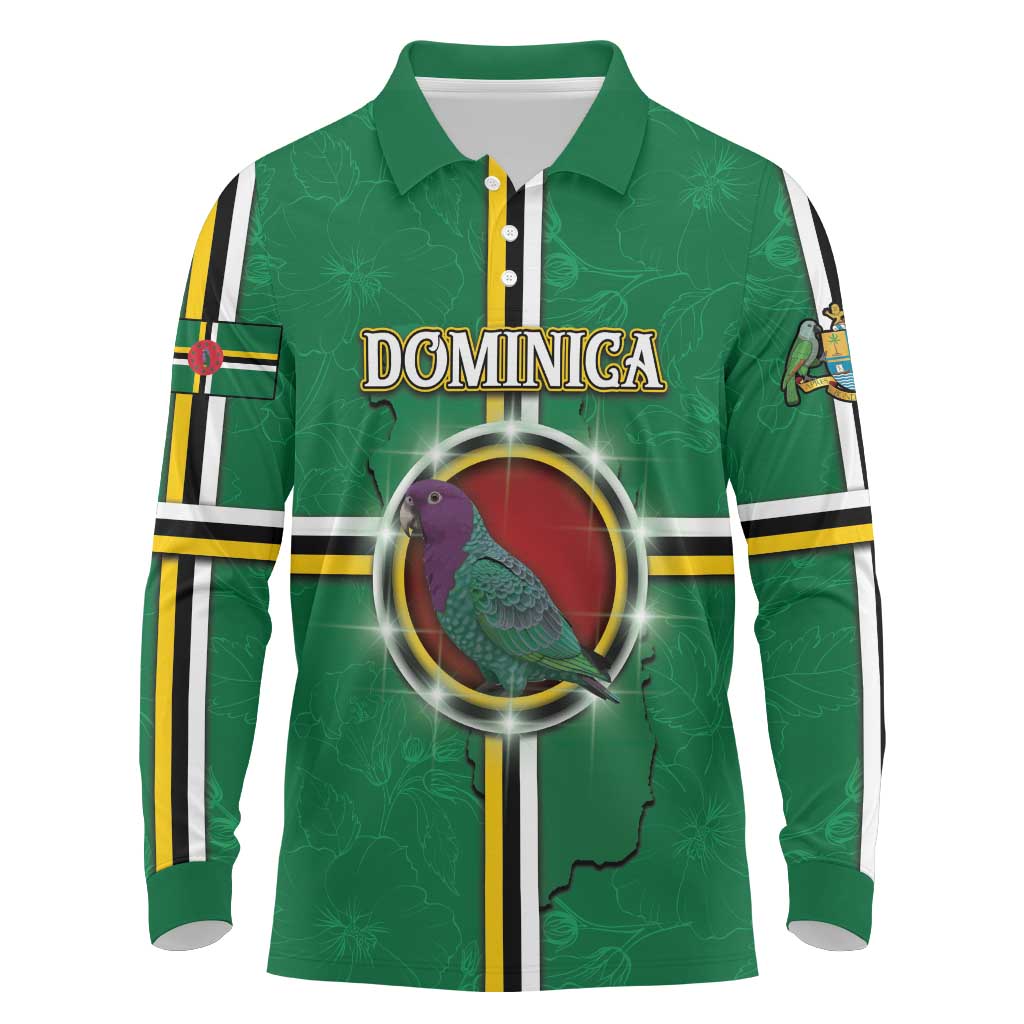 Personalized Dominica Long Sleeve Polo Shirt Sisserou Parrot With Hibiscus Patterns - Wonder Print Shop