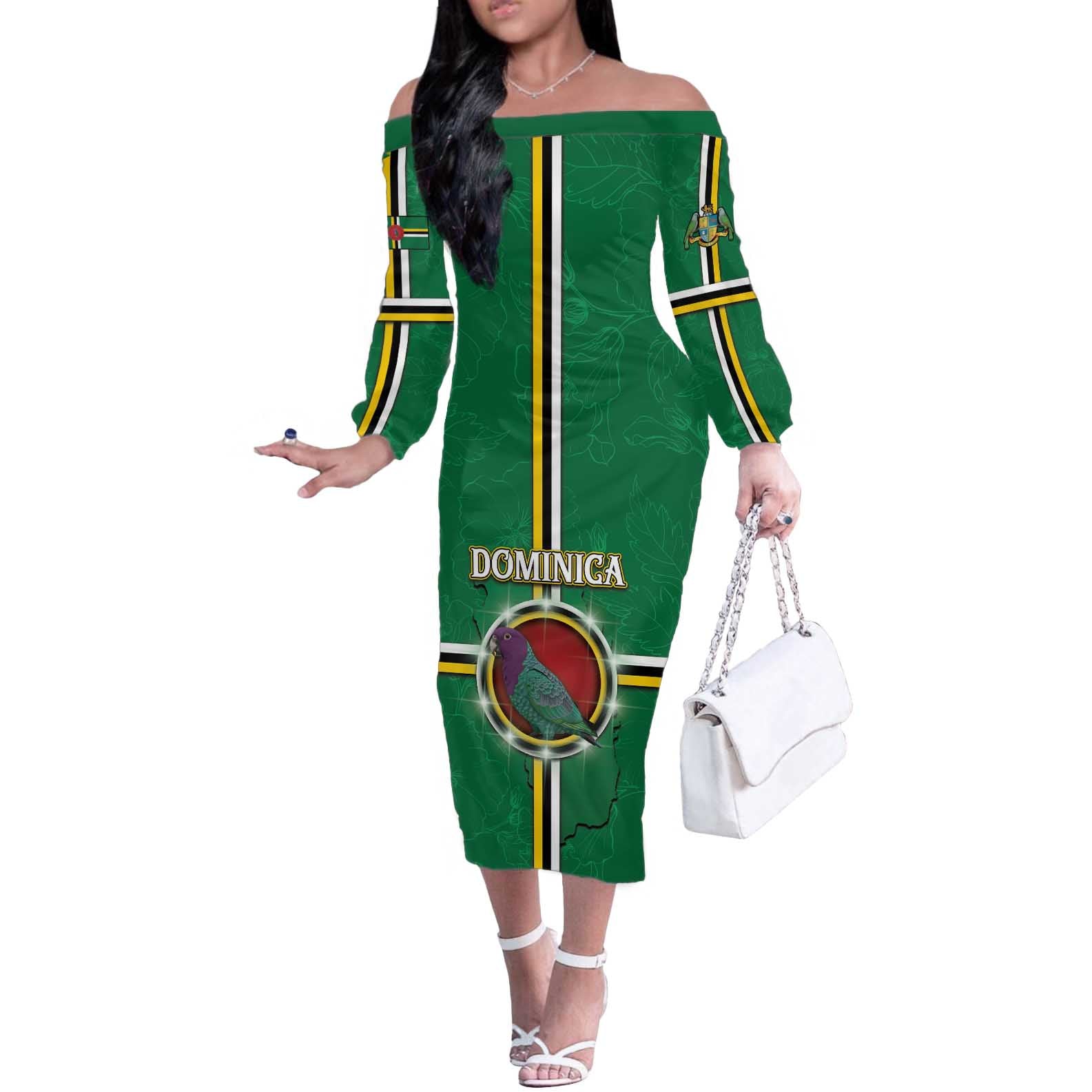 Personalized Dominica Off The Shoulder Long Sleeve Dress Sisserou Parrot With Hibiscus Patterns - Wonder Print Shop