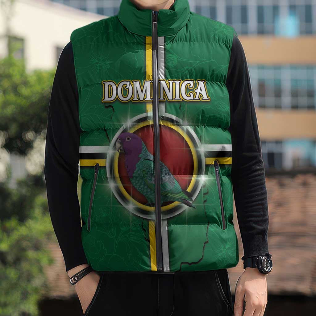 Personalized Dominica Sleeveless Puffer Jacket Sisserou Parrot With Hibiscus Patterns - Wonder Print Shop