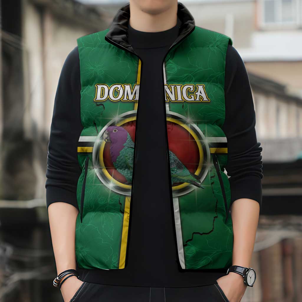 Personalized Dominica Sleeveless Puffer Jacket Sisserou Parrot With Hibiscus Patterns - Wonder Print Shop