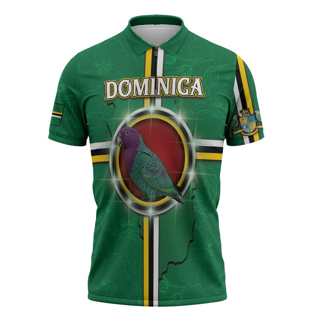 Personalized Dominica Zipper Polo Shirt Sisserou Parrot With Hibiscus Patterns - Wonder Print Shop