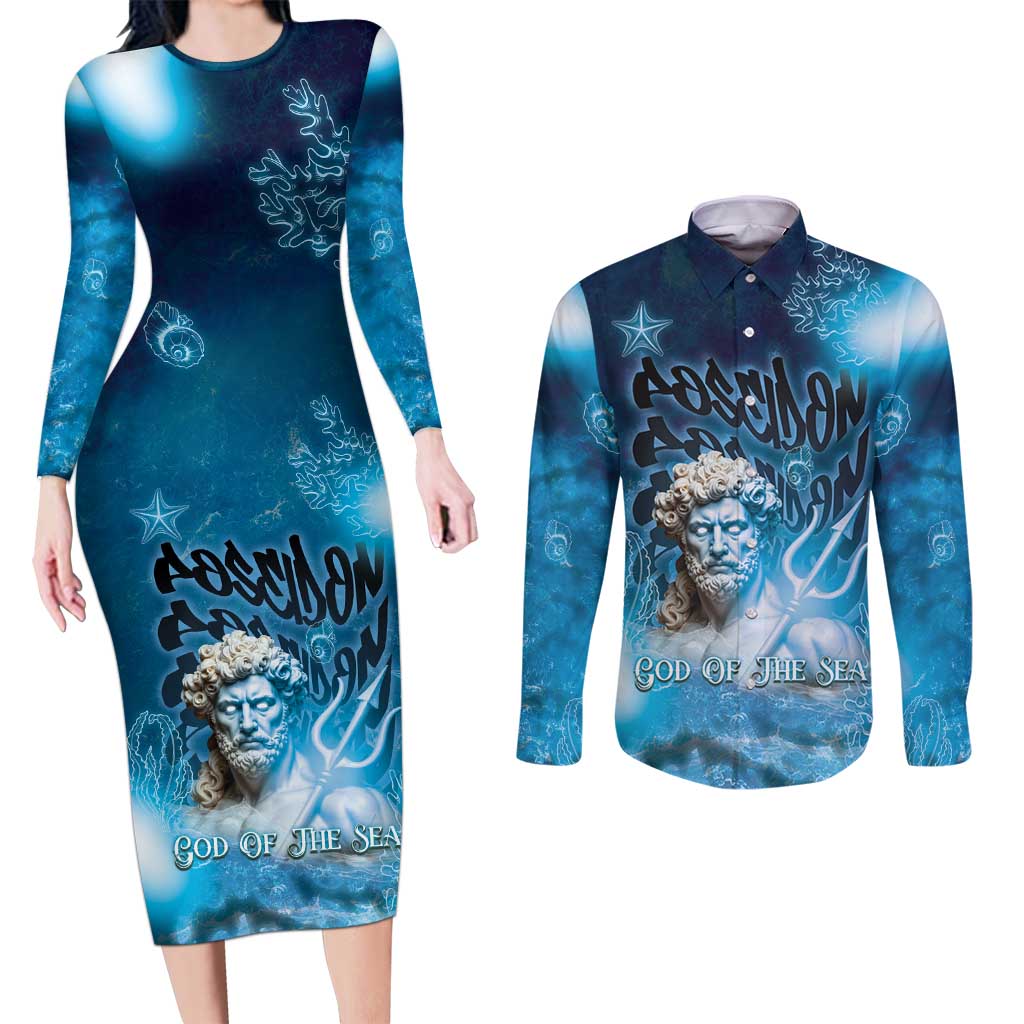 Poseidon Couples Matching Long Sleeve Bodycon Dress and Long Sleeve Button Shirt God Of The Sea - Wonder Print Shop