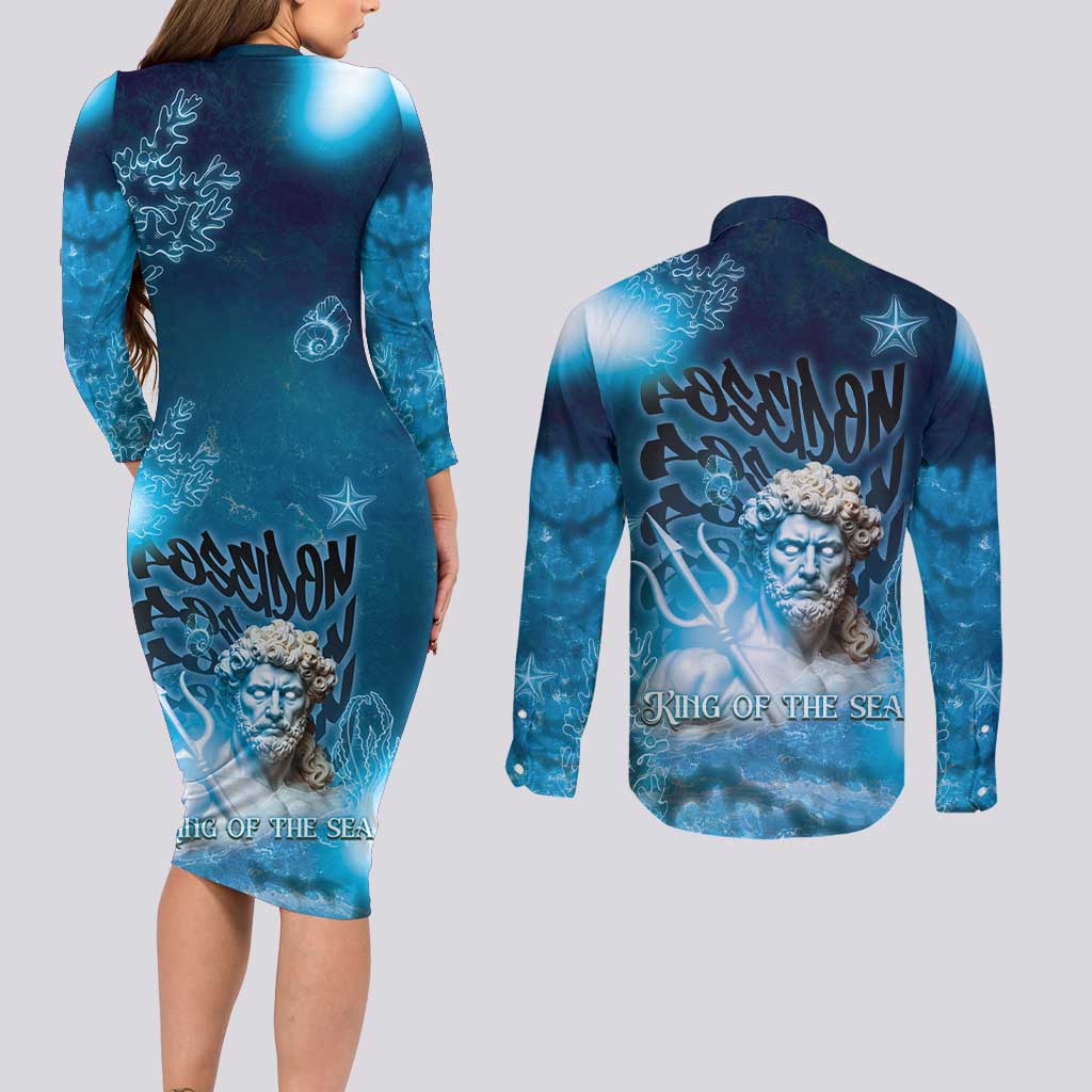 Poseidon Couples Matching Long Sleeve Bodycon Dress and Long Sleeve Button Shirt God Of The Sea - Wonder Print Shop