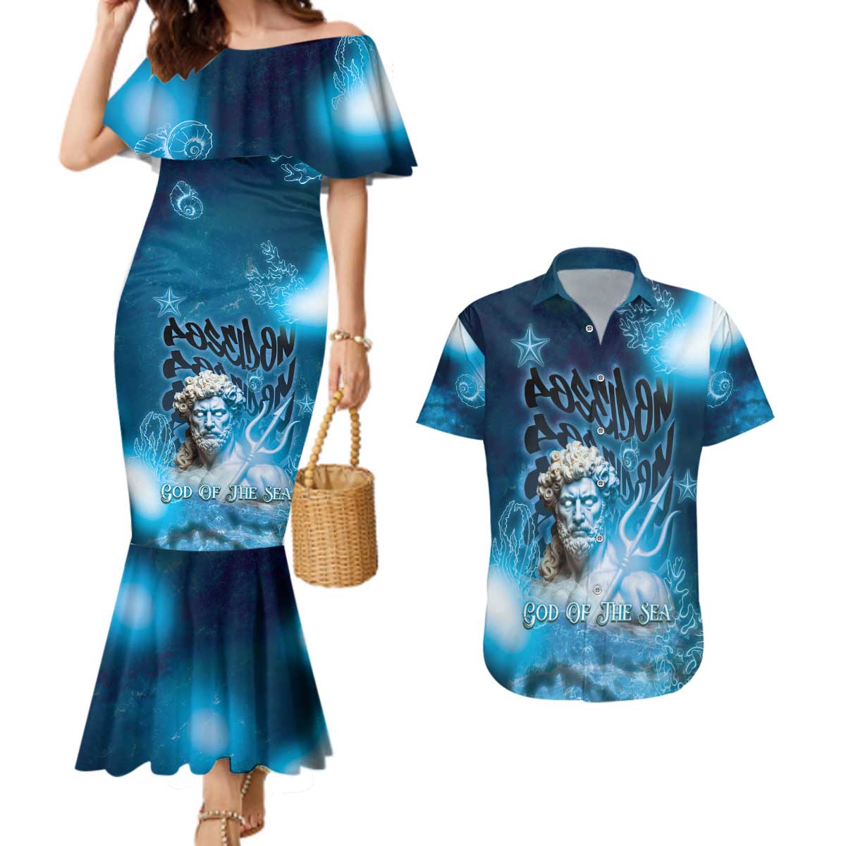 Poseidon Couples Matching Mermaid Dress and Hawaiian Shirt God Of The Sea - Wonder Print Shop