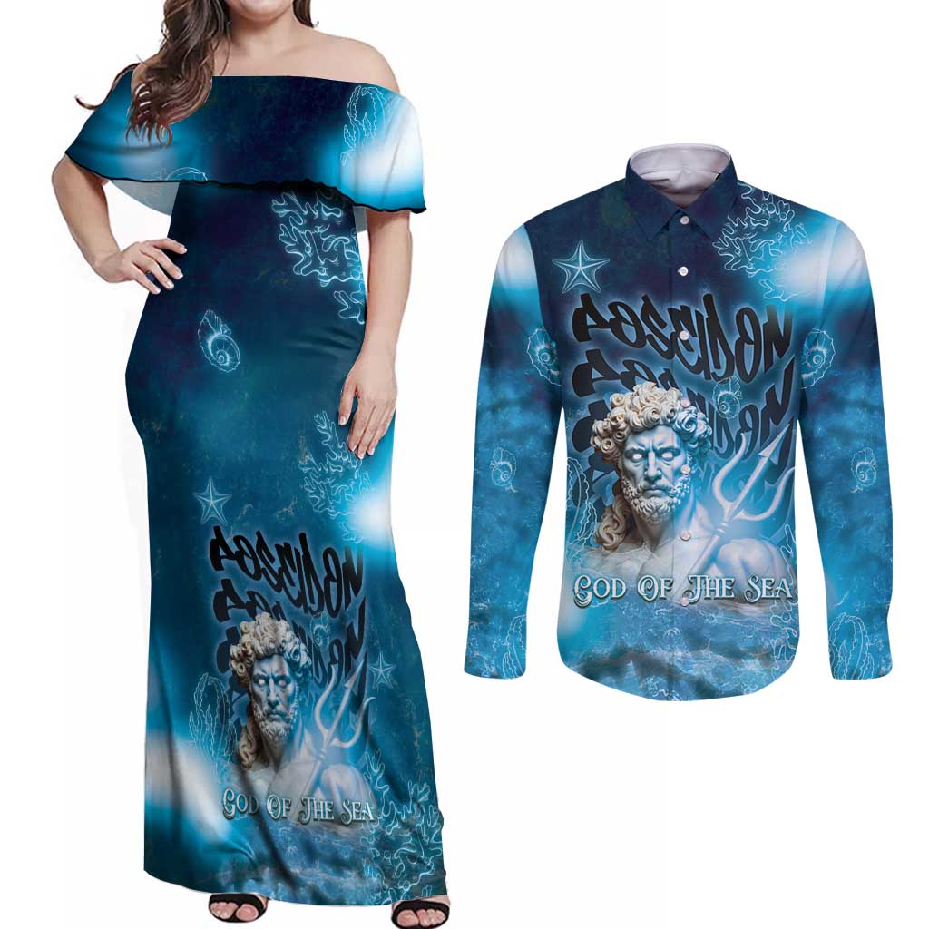 Poseidon Couples Matching Off Shoulder Maxi Dress and Long Sleeve Button Shirt God Of The Sea - Wonder Print Shop