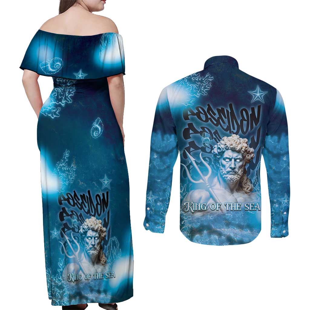 Poseidon Couples Matching Off Shoulder Maxi Dress and Long Sleeve Button Shirt God Of The Sea - Wonder Print Shop