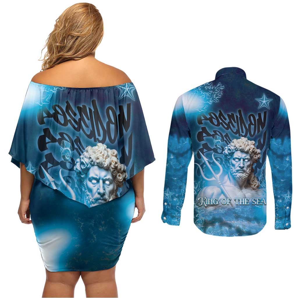 Poseidon Couples Matching Off Shoulder Short Dress and Long Sleeve Button Shirt God Of The Sea - Wonder Print Shop