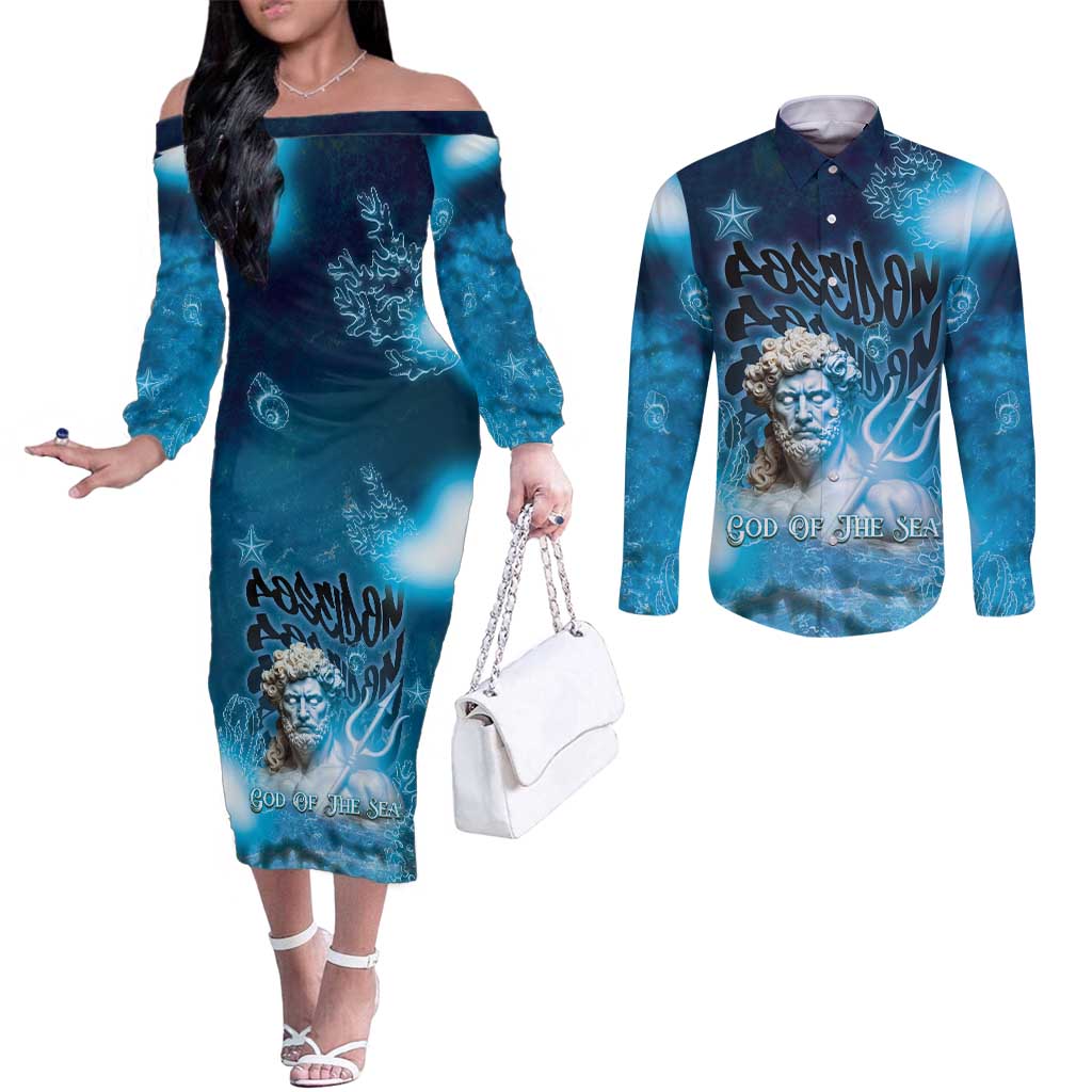 Poseidon Couples Matching Off The Shoulder Long Sleeve Dress and Long Sleeve Button Shirt God Of The Sea - Wonder Print Shop