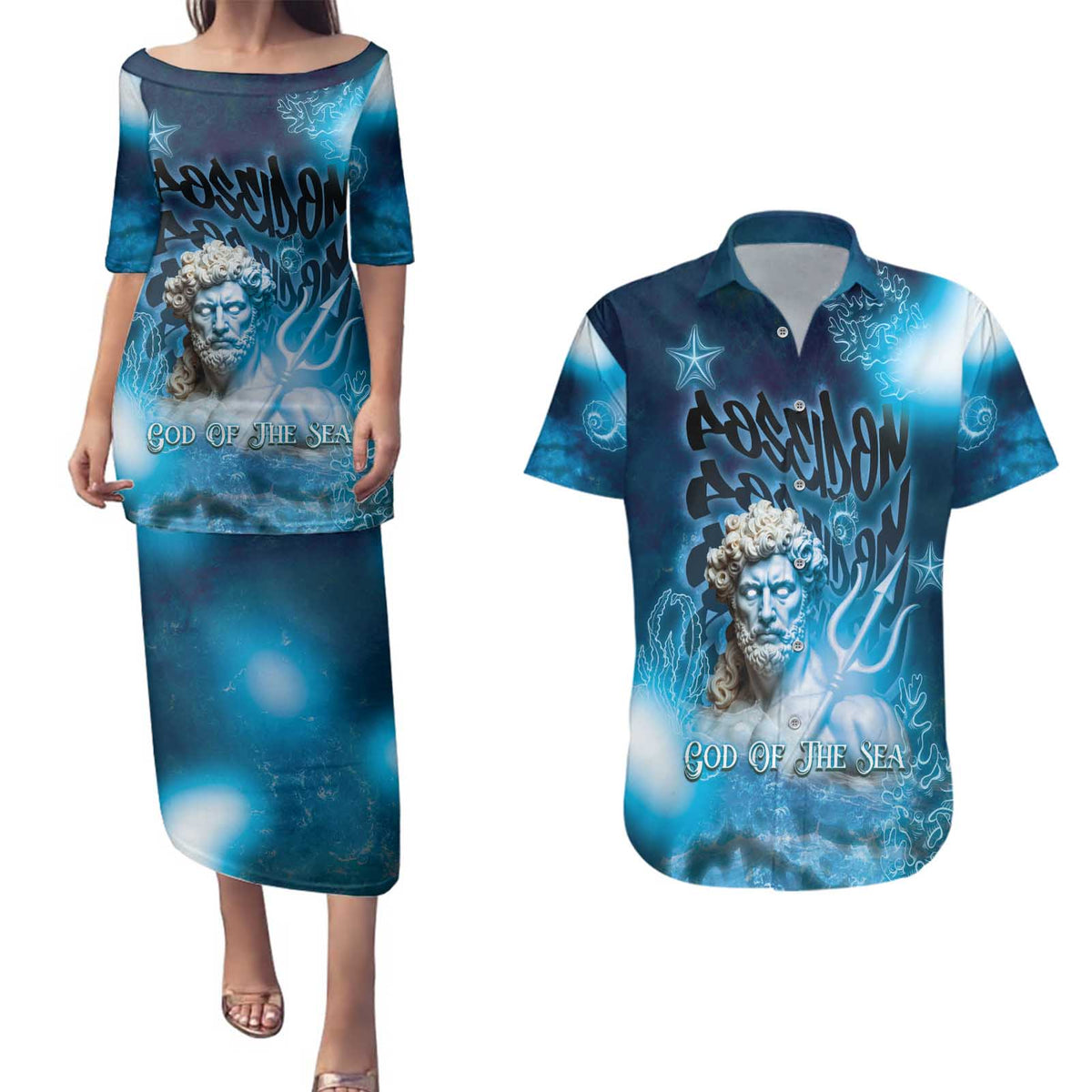 Poseidon Couples Matching Puletasi and Hawaiian Shirt God Of The Sea - Wonder Print Shop