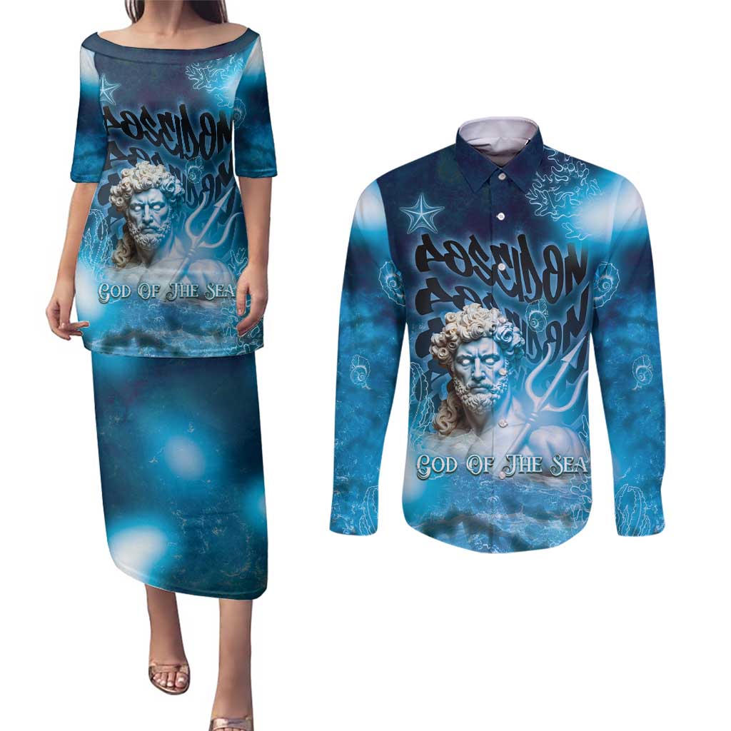 Poseidon Couples Matching Puletasi and Long Sleeve Button Shirt God Of The Sea - Wonder Print Shop