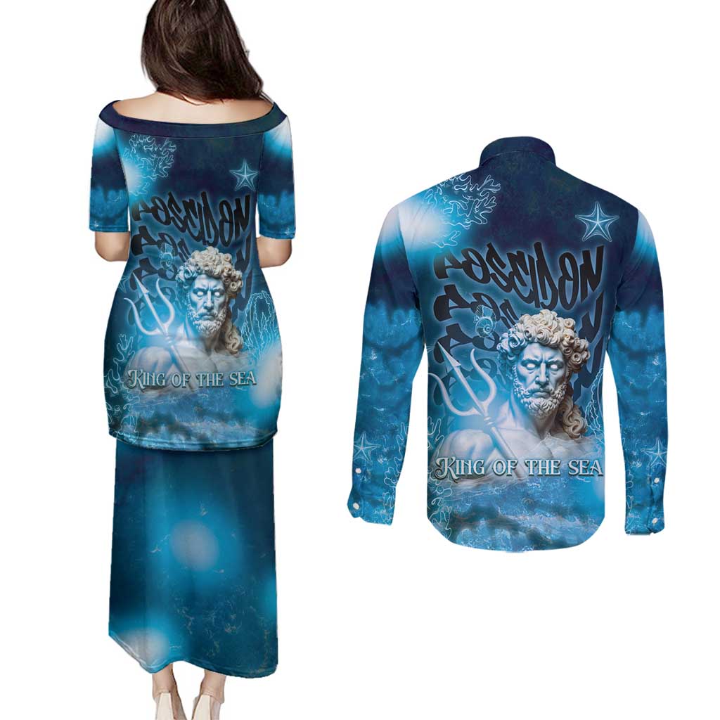 Poseidon Couples Matching Puletasi and Long Sleeve Button Shirt God Of The Sea - Wonder Print Shop