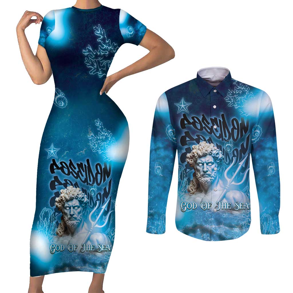 Poseidon Couples Matching Short Sleeve Bodycon Dress and Long Sleeve Button Shirt God Of The Sea - Wonder Print Shop