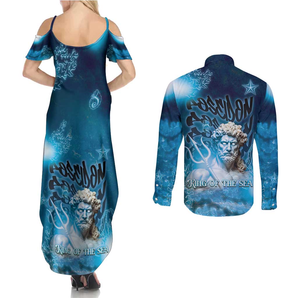 Poseidon Couples Matching Summer Maxi Dress and Long Sleeve Button Shirt God Of The Sea - Wonder Print Shop