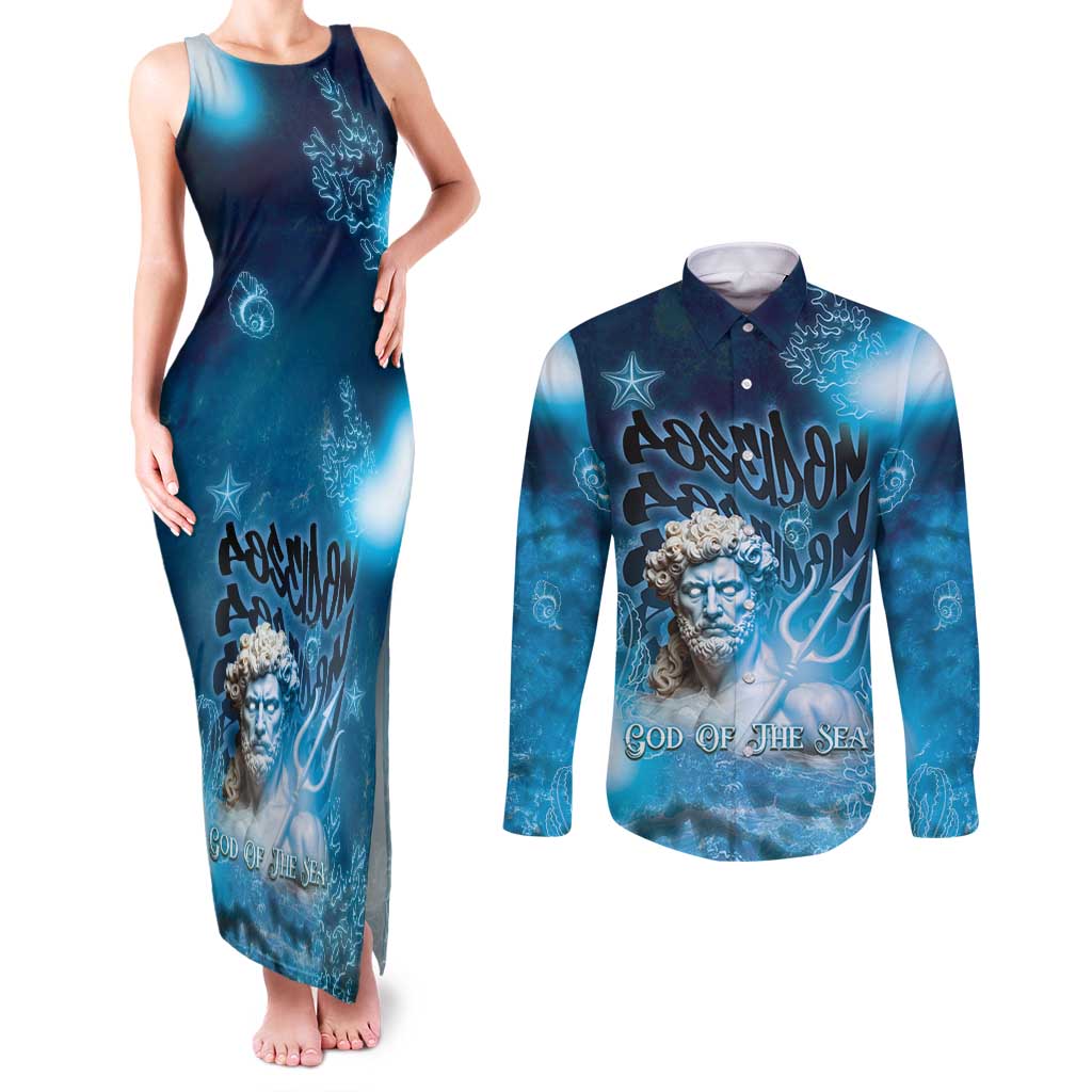 Poseidon Couples Matching Tank Maxi Dress and Long Sleeve Button Shirt God Of The Sea - Wonder Print Shop