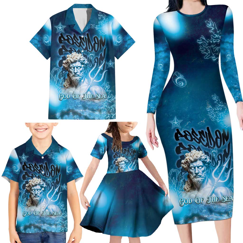Poseidon Family Matching Long Sleeve Bodycon Dress and Hawaiian Shirt God Of The Sea - Wonder Print Shop