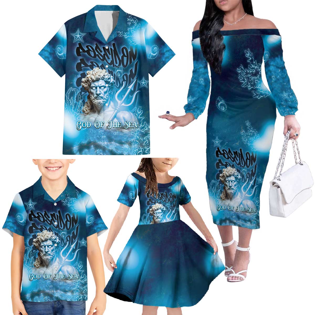 Poseidon Family Matching Off The Shoulder Long Sleeve Dress and Hawaiian Shirt God Of The Sea - Wonder Print Shop