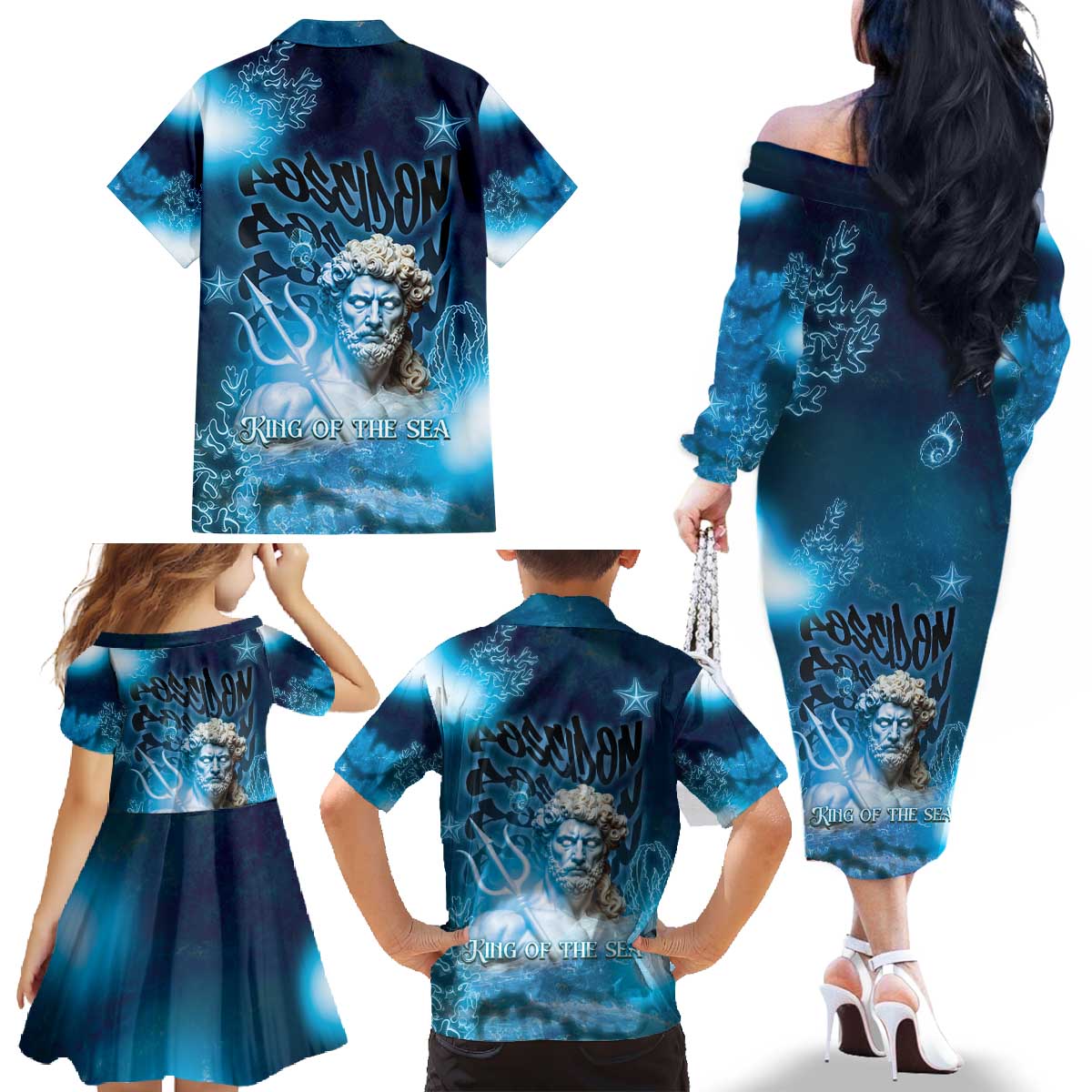 Poseidon Family Matching Off The Shoulder Long Sleeve Dress and Hawaiian Shirt God Of The Sea - Wonder Print Shop