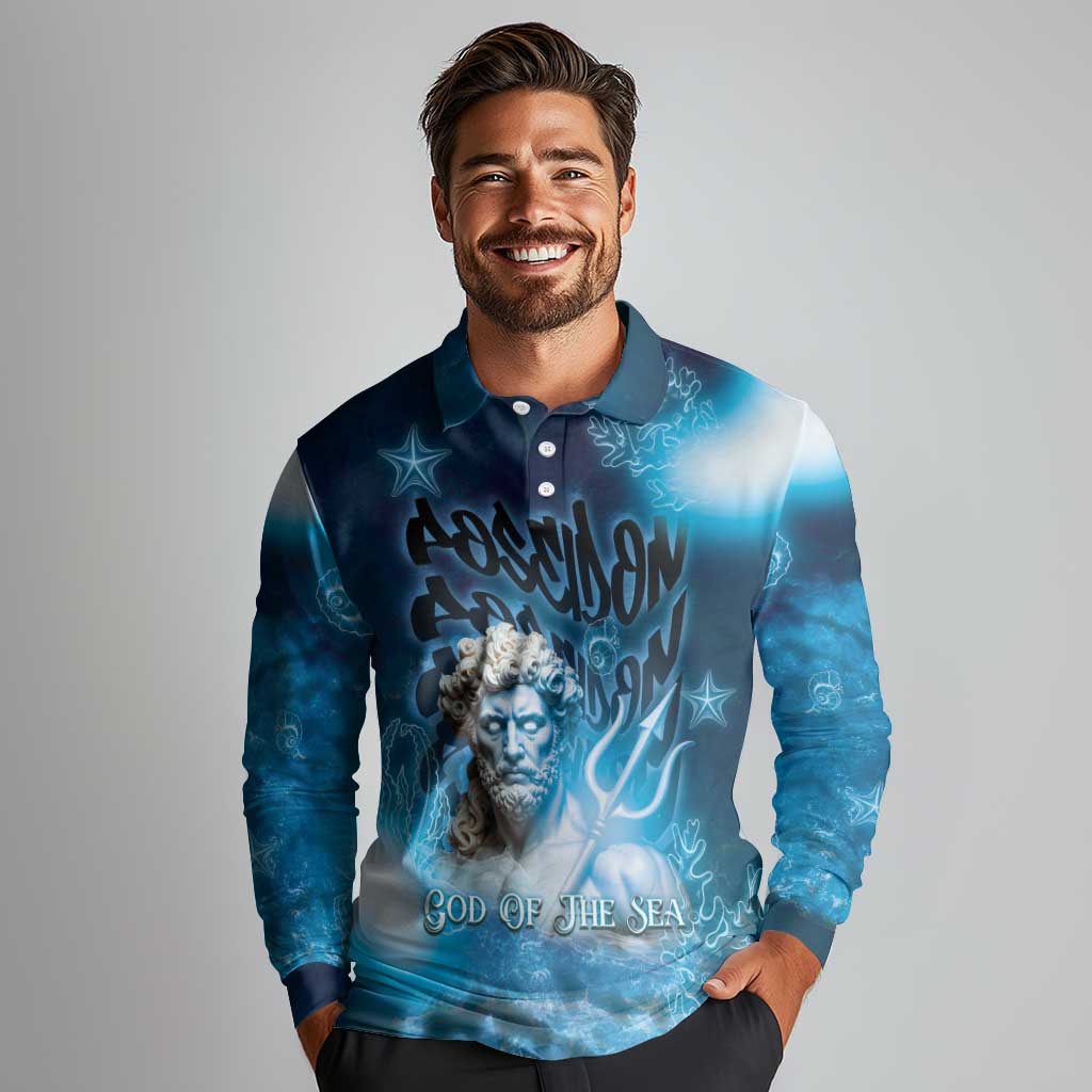 Poseidon Long Sleeve Polo Shirt God Of The Sea - Wonder Print Shop