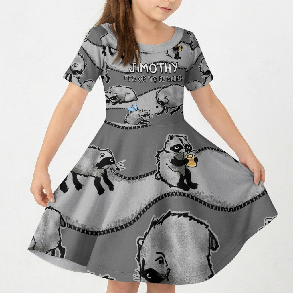 Jimothy The Raccoon Kid Short Sleeve Dress It's Ok To Be Weird Raccoons Cute Sketch Pattern