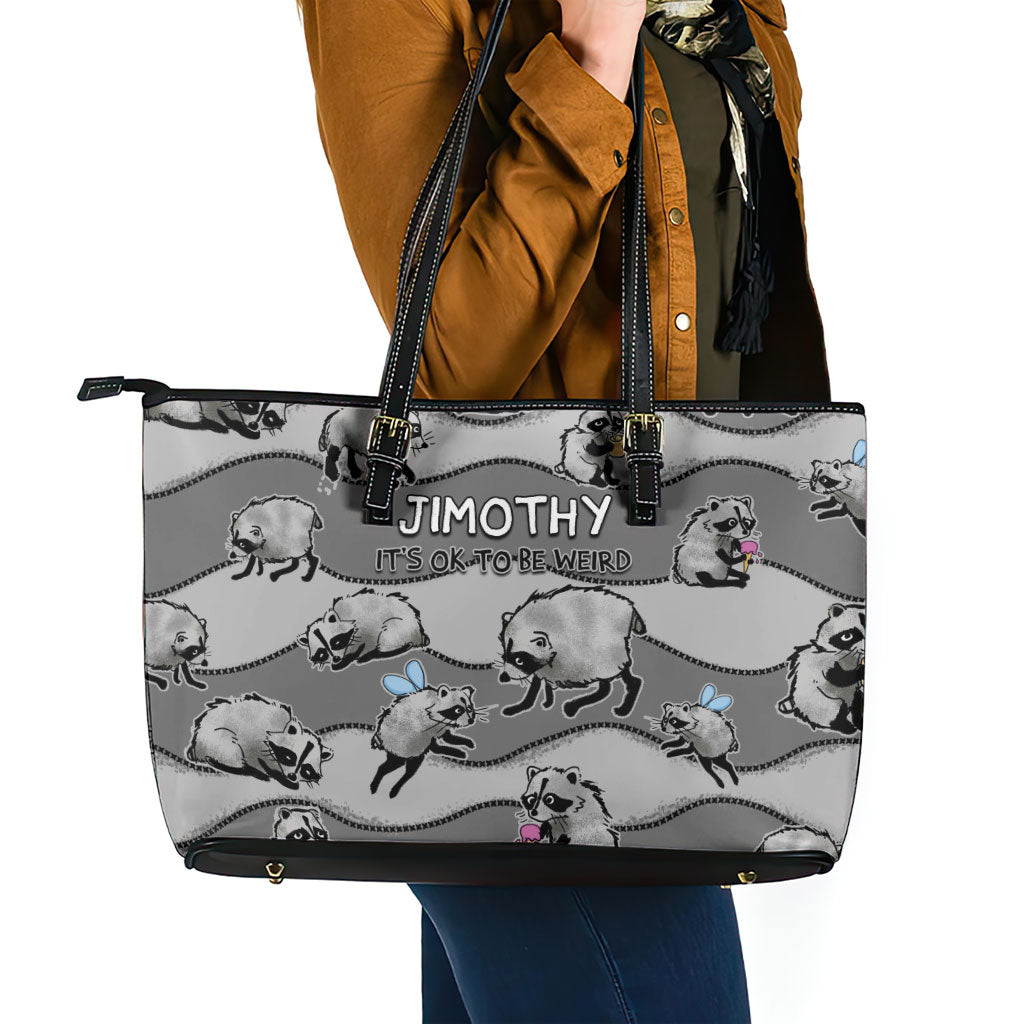 Jimothy The Raccoon Leather Tote Bag It's Ok To Be Weird Raccoons Cute Sketch Pattern