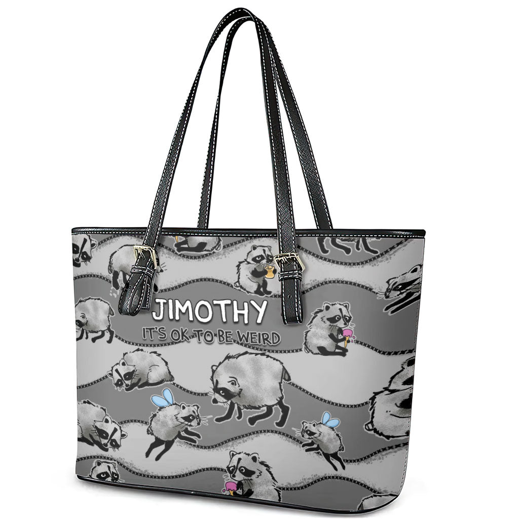 Jimothy The Raccoon Leather Tote Bag It's Ok To Be Weird Raccoons Cute Sketch Pattern