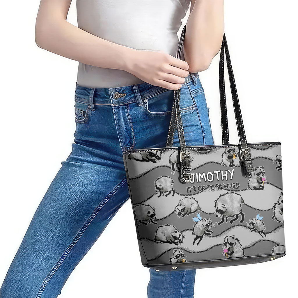 Jimothy The Raccoon Leather Tote Bag It's Ok To Be Weird Raccoons Cute Sketch Pattern