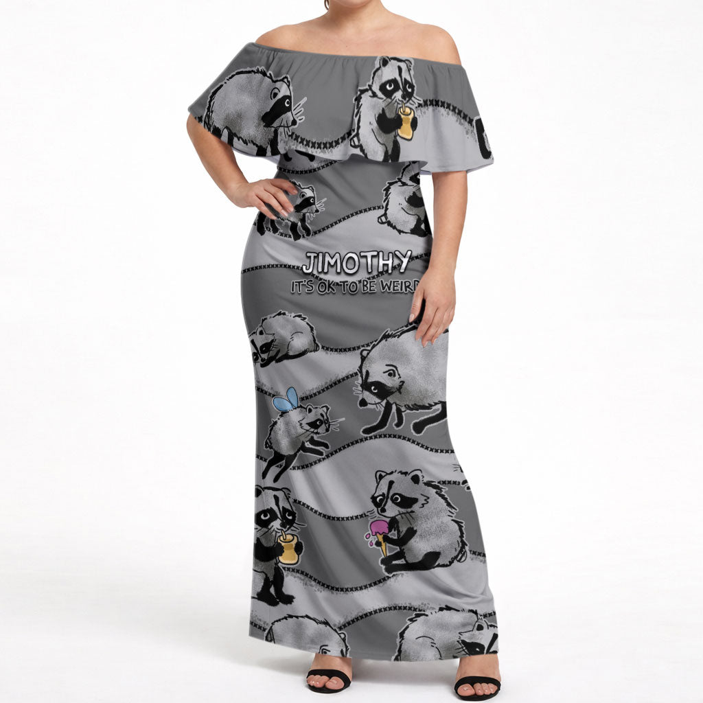 Jimothy The Raccoon Off Shoulder Maxi Dress It's Ok To Be Weird Raccoons Cute Sketch Pattern