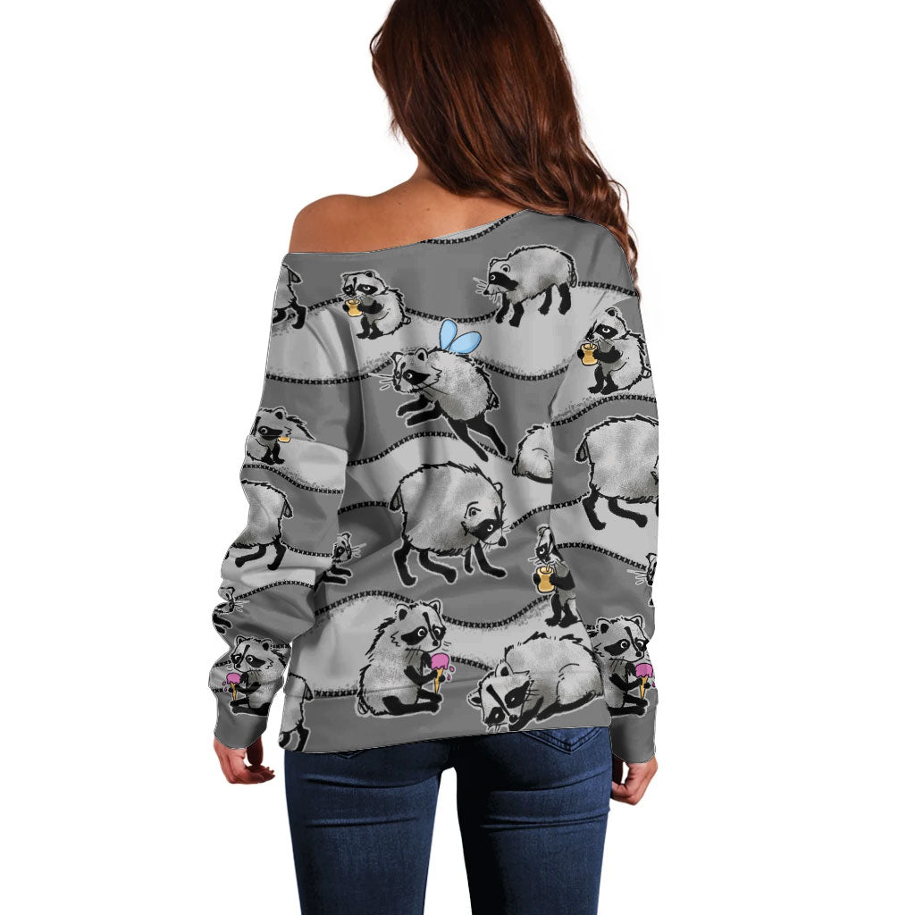 Jimothy The Raccoon Off Shoulder Sweater It's Ok To Be Weird Raccoons Cute Sketch Pattern