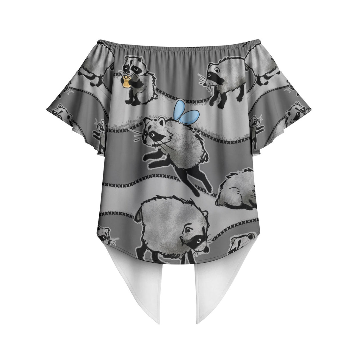 Jimothy The Raccoon Off Shoulder Wrap Waist Top It's Ok To Be Weird Raccoons Cute Sketch Pattern