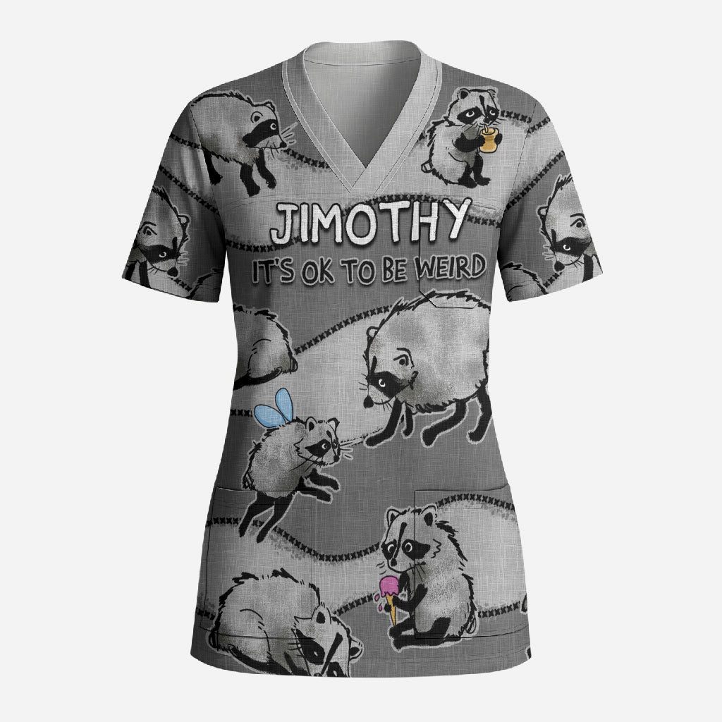Jimothy The Raccoon Scrub Top It's Ok To Be Weird Raccoons Cute Sketch Pattern