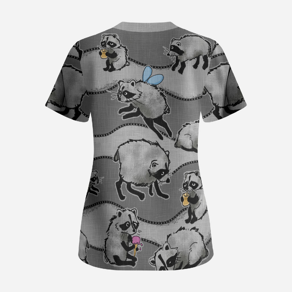 Jimothy The Raccoon Scrub Top It's Ok To Be Weird Raccoons Cute Sketch Pattern