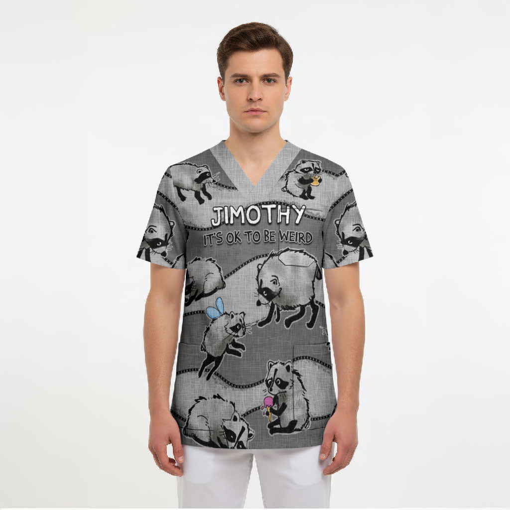 Jimothy The Raccoon Scrub Top It's Ok To Be Weird Raccoons Cute Sketch Pattern
