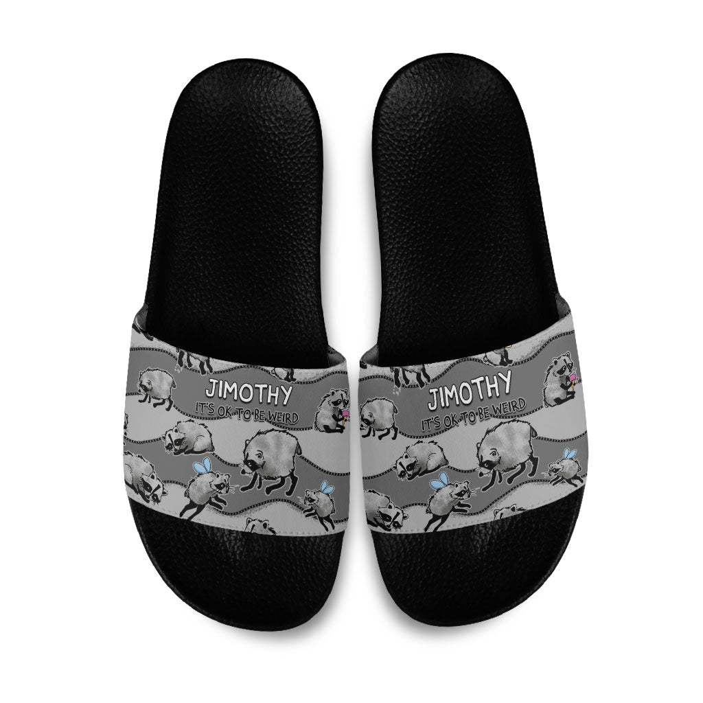 Jimothy The Raccoon Slide Sandals It's Ok To Be Weird Raccoons Cute Sketch Pattern
