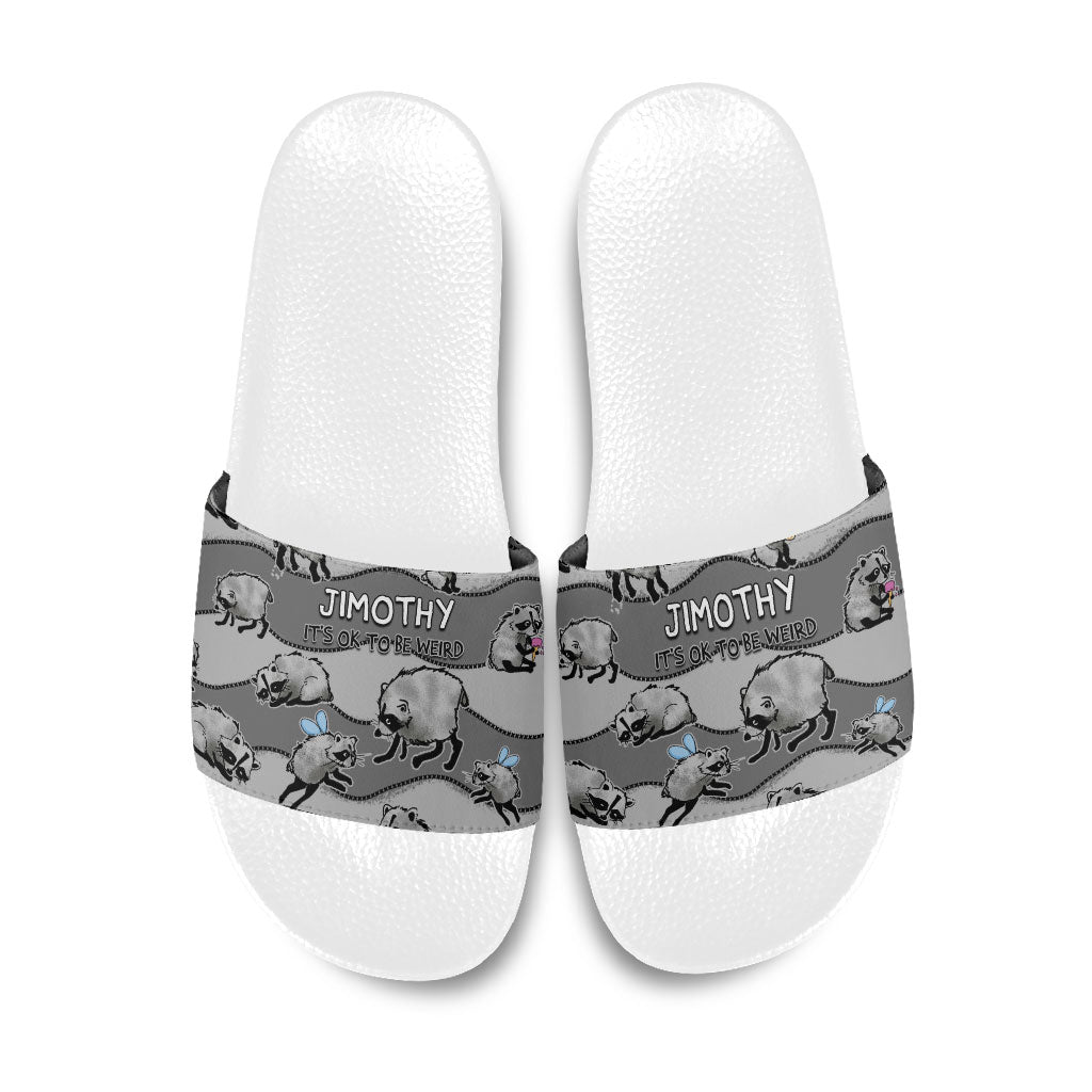 Jimothy The Raccoon Slide Sandals It's Ok To Be Weird Raccoons Cute Sketch Pattern