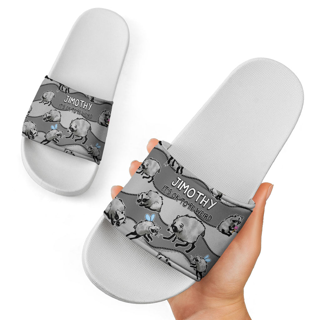 Jimothy The Raccoon Slide Sandals It's Ok To Be Weird Raccoons Cute Sketch Pattern