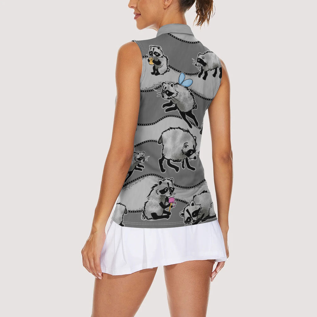 Jimothy The Raccoon Women Sleeveless Polo Shirt It's Ok To Be Weird Raccoons Cute Sketch Pattern