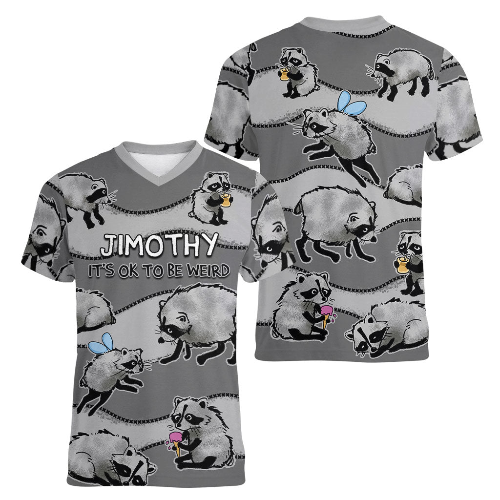 Jimothy The Raccoon Women V-Neck T-Shirt It's Ok To Be Weird Raccoons Cute Sketch Pattern