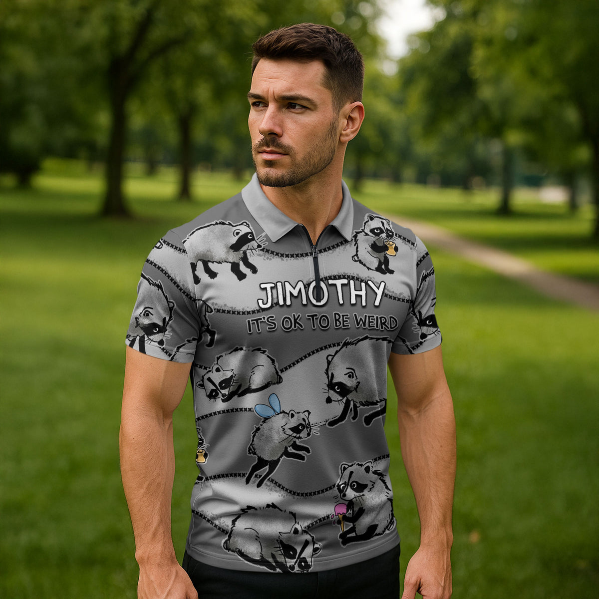 Jimothy The Raccoon Zipper Polo Shirt It's Ok To Be Weird Raccoons Cute Sketch Pattern