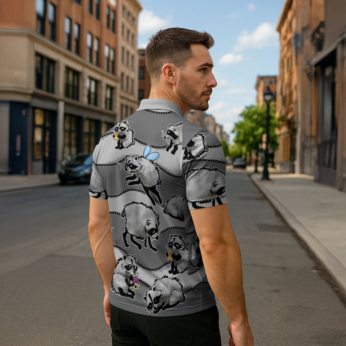 Jimothy The Raccoon Zipper Polo Shirt It's Ok To Be Weird Raccoons Cute Sketch Pattern