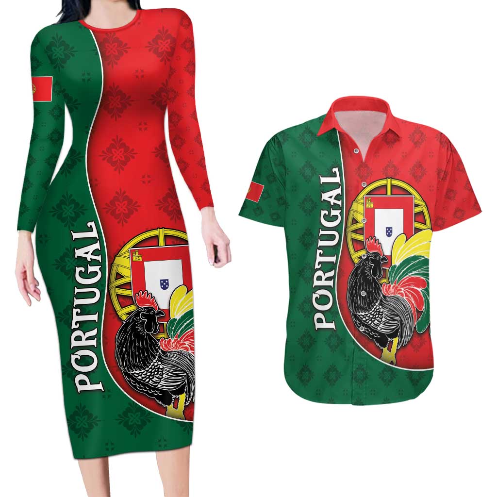 Personalized Portugal Couples Matching Long Sleeve Bodycon Dress and Hawaiian Shirt Rooster With Coat Of Arms - Wonder Print Shop