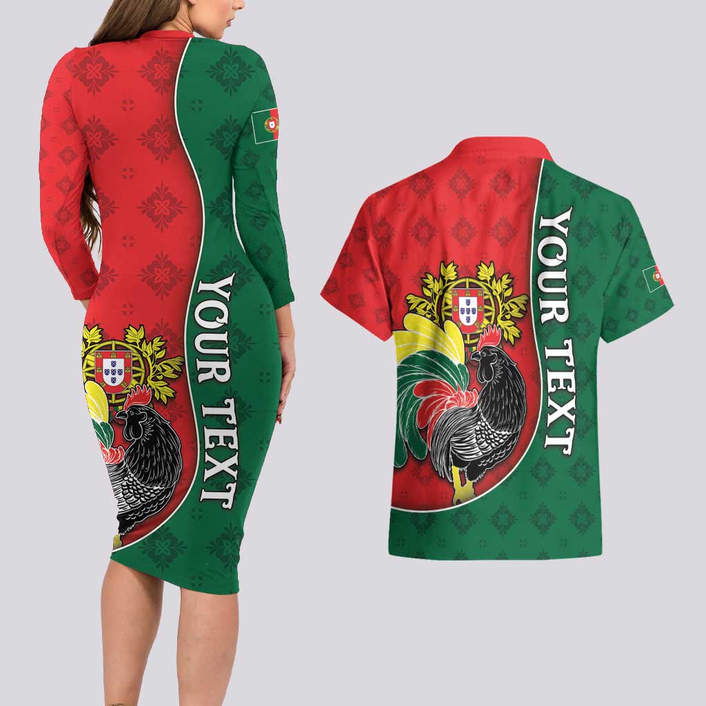 Personalized Portugal Couples Matching Long Sleeve Bodycon Dress and Hawaiian Shirt Rooster With Coat Of Arms - Wonder Print Shop