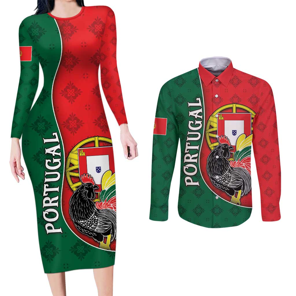 Personalized Portugal Couples Matching Long Sleeve Bodycon Dress and Long Sleeve Button Shirt Rooster With Coat Of Arms - Wonder Print Shop